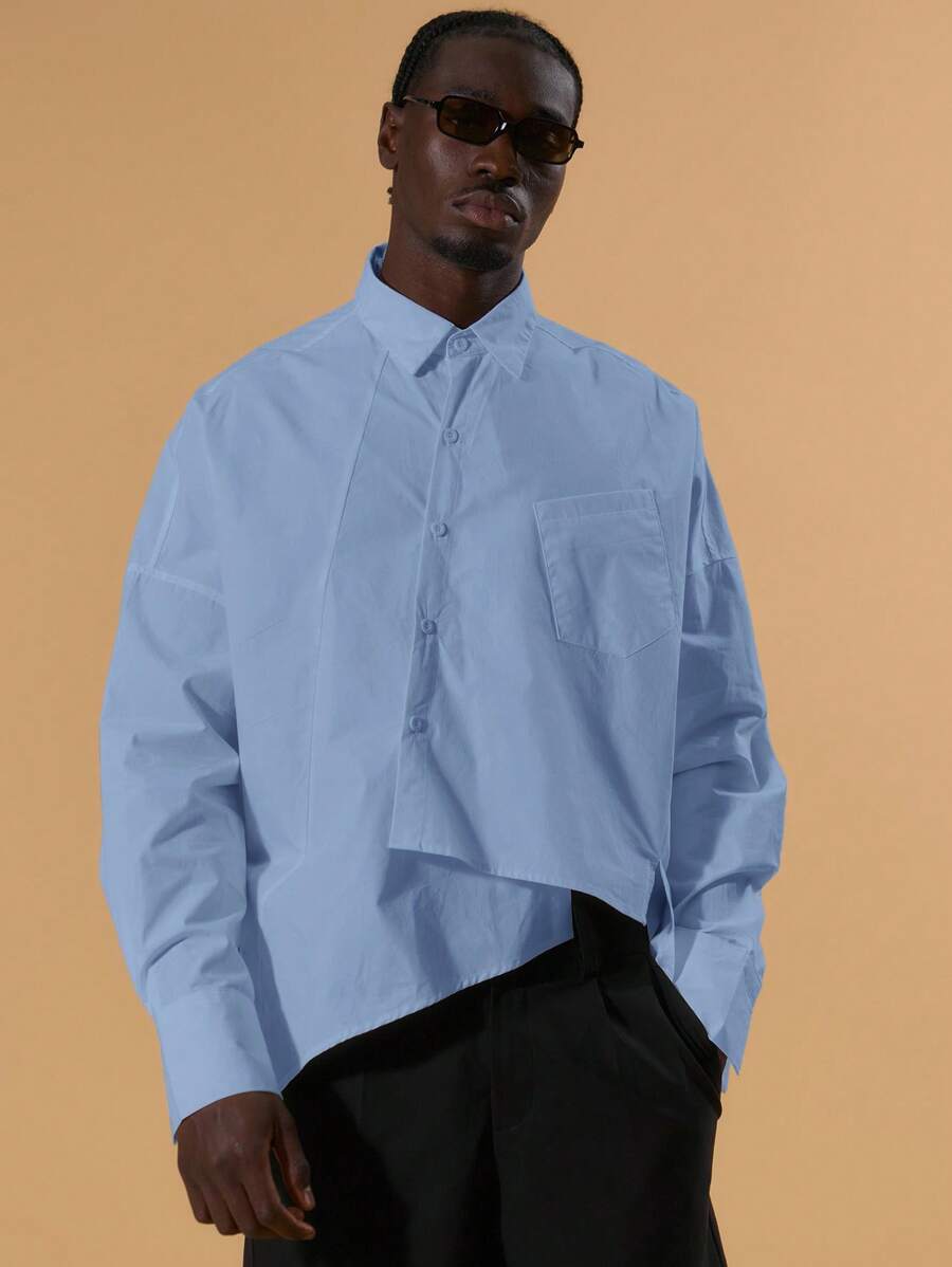 Musero Asymmetrical Long Sleeve Button Through Shirt Front Pocket Detailing Boxy Oversized Fit  Spring&Summer - Blue - View 1