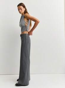 Nöista 灰色水手裤，时尚纽扣翻盖，修身阔腿喇叭裤，搭配轻柔飘逸的西装面料。秋冬女士精致单品，商务休闲之选 - 灰色 - 查看 6