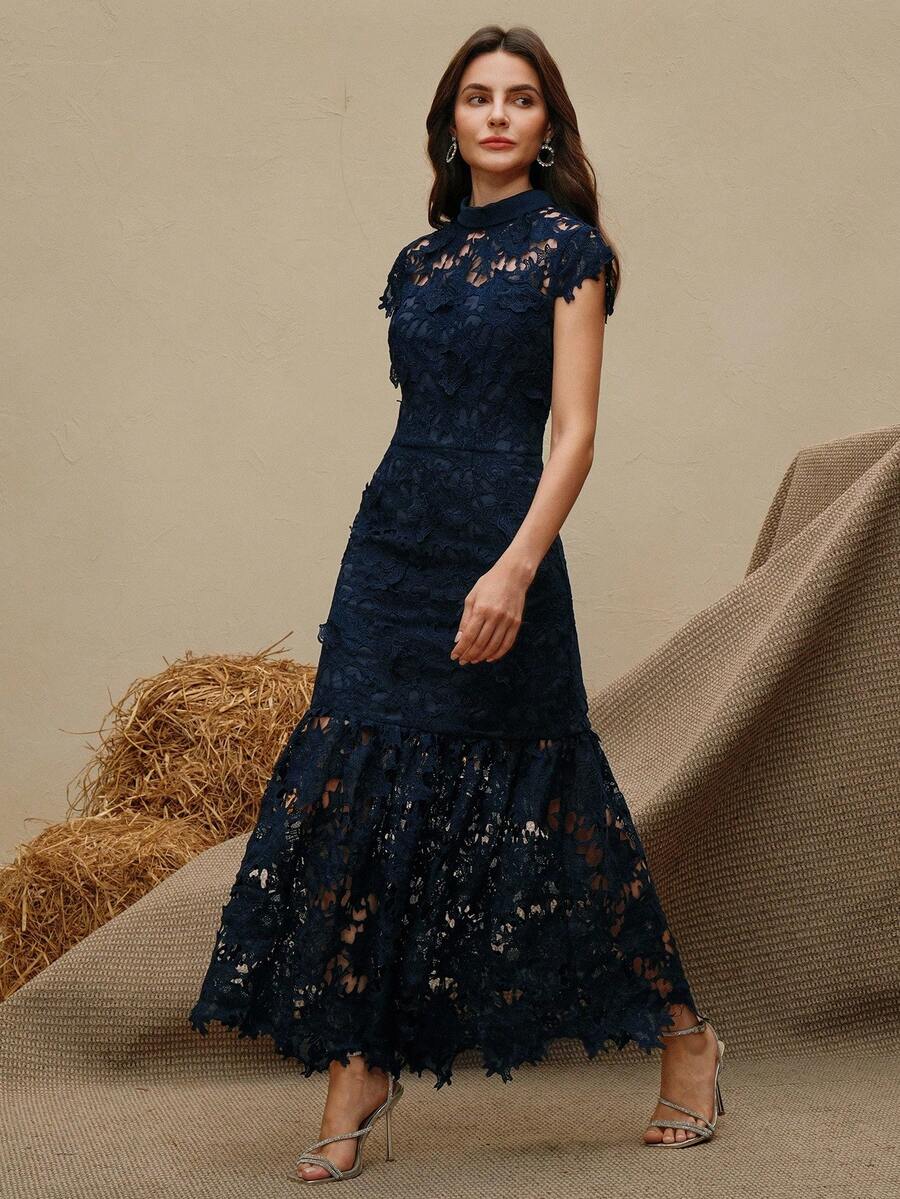 Anewsta Navy Blue Elegant Embellished Party Mermaid Hem Short Sleeve Dress