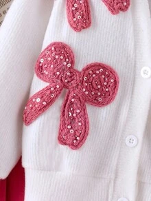 女童针织柔软毛绒开衫，饰有蝴蝶结和珍珠，搭配百褶裙套装，粉色，适合春秋冬季穿着的可爱女童装。 - 粉色 - 查看 4
