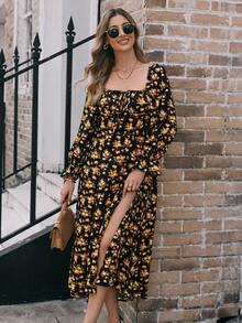EMERY ROSE Vestido largo de mujer con estampado floral, cuello cuadrado, mangas con volantes y abertura en el muslo - Negro - Ver 1