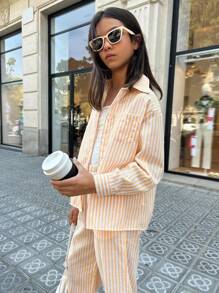 Striped Drop Shoulder Long Sleeve Blouse And Wide Leg Pants Set, Casual Spring Summer Two Pieces Outfit - Yellow - View 5