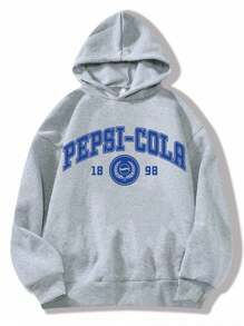 PEPSI X SHEIN 女士灰色连帽运动衫，灰色运动衫，文字印花，基本款休闲时尚，可乐图案，返校季，学校上衣，基本款上衣，秋冬 - 灰色 - 查看 1