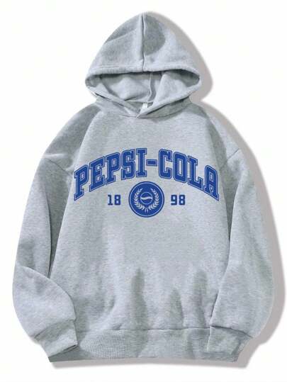 PEPSI X SHEIN Grå huvtröja för kvinnor, grå tröja, texttryck, enkel casual och cool, colamönster, tillbaka till skolan, toppar för skolan, enkla toppar, höst och vinter