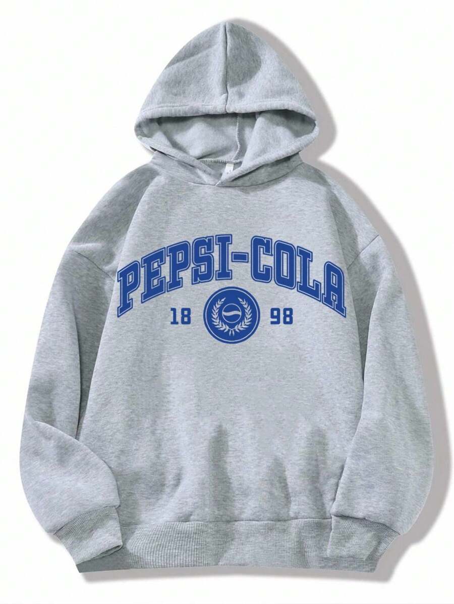 PEPSI X SHEIN 女士灰色连帽运动衫，灰色运动衫，文字印花，基本款休闲时尚，可乐图案，返校季，学校上衣，基本款上衣，秋冬 - 灰色 - 查看 1