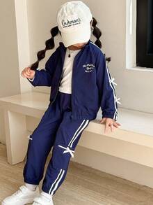 两件套：少女休闲蝴蝶结条纹长袖外套 + 韩版条纹蝴蝶结口袋休闲裤（秋冬款） - 藍白色 - 查看 5