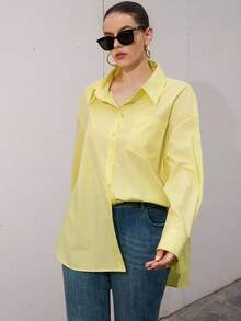 GENKIRA Plus Size Solid Color Front Button Loose Long Sleeve Pocket Shirt - Yellow - View 2