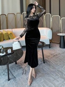 DAZY Váy midi đuôi cá phối ren chắp vá cho nữ, váy dài tay mùa thu - màu đen - Xem 3