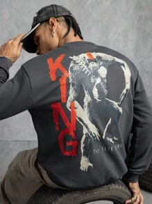 GODZILLAxKONG X SHEIN Men's Monster Graphic Crew Neck Long Sleeve Sweatshirt - Dark Grey - View 1
