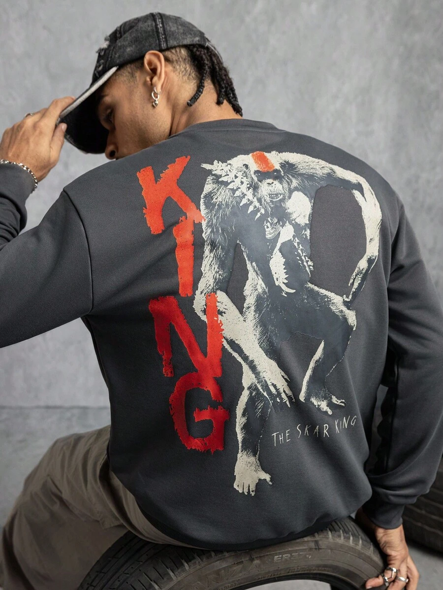 GODZILLAxKONG X SHEIN Men's Monster Graphic Crew Neck Long Sleeve Sweatshirt - Dark Grey - View 1