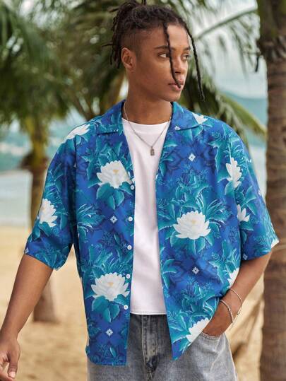 The White Lotus قميص كاجوال بأكمام قصيرة وأزرار أمامية بطبعة زهرية