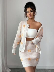 Elenzga 2pcs Women's Elegant Knit Sweater Set, Fashionable Loose Fit Cardigan And Skirt Fall Winter Cloth For Women - Multicolor - View 3