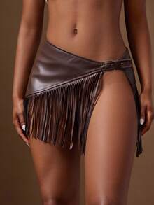 Denimoi Faux Leather Fringe Hem Buckle Detail Mini Skirt
