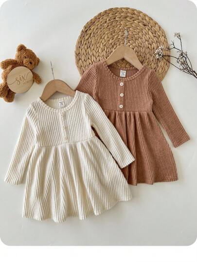 SHEIN 2pcs Babygirl Cute Casual Solid Color Knitted Long Sleeve Dress, Autumn/Winter