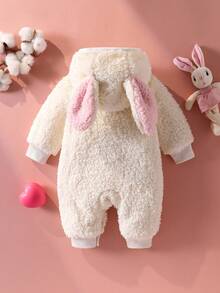 SHEIN 新生儿兔耳毛绒连体衣、长袖和裤子连体衣 - 白色 - 查看 2