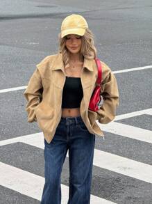 SHEIN EZwear 女式纯色简约休闲长袖夹克 - 棕色 - 查看 5