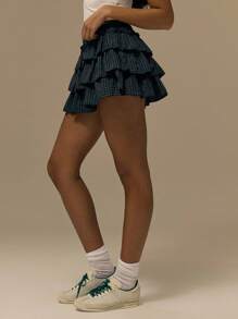 MUSERA 格纹层叠迷你裙，秋季可爱街头风，适合节日、农舍乡村风、复古风等各种场合，优雅夏季度假节日必备 - 墨綠色 - 查看 4