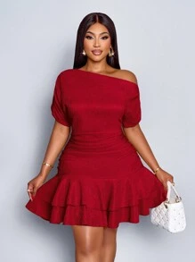 Elegant Mini Dress For Parties And Daytime Events, Featuring An Asymmetrical Neckline, Long Sleeves, Gathered Details, And A Double Ruffle, Made Of Apricot-Colored Knit Fabric For Women. - 肉桂靈感 - 查看 6