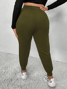 EMERY ROSE Plus Size Solid High Waisted Drawstring Hem Cargo Pants - Green - View 2
