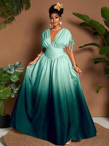 Maweii 大码女式优雅渐变色印花蝴蝶结 V 领 A 字长裙，蝙蝠袖，收腰设计，百搭设计，适合度假、海滩、音乐节、春夏季 - 彩色 - 查看 6