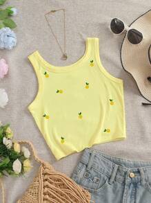 INAWLY Camiseta de tirantes ajustada de cuello redondo para mujer con patrón bordado de limón - Amarillo - Ver 3