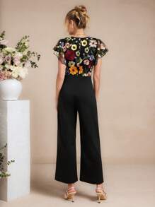 Amorya 女士优雅V领盖袖收腰修身高端黑色撞色刺绣3D花朵阔腿裤，适合多种场合日常穿着 - 彩色 - 查看 9
