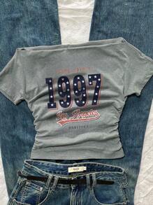 Attitoon 休闲复古风格女式圆领褶皱腰短袖 T 恤，带有复古 1997 星字母印花，适合夏季