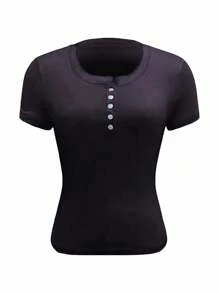 SHEIN EZwear 女士纽扣门襟纯色短袖休闲短款 T 恤 - 淺灰紫 - 查看 3