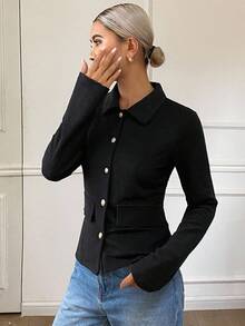 DAZY Women's Solid Color Fitted Elegant Vintage Collar Long Sleeve Textured Fabric T-Shirt, Autumn/Winter - Black - View 1