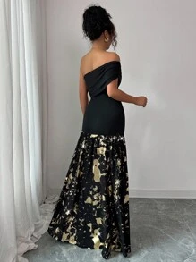 Elenzga Randomly Printed Asymmetrical Shoulder Strapless Knit Elastic Bodycon Vintage Elegant Luxurious Little Black Dress, Metallic Foil Chiffon Mermaid Low Waist Floor Length Gown For Graduation, Party, Banquet - Black - View 2