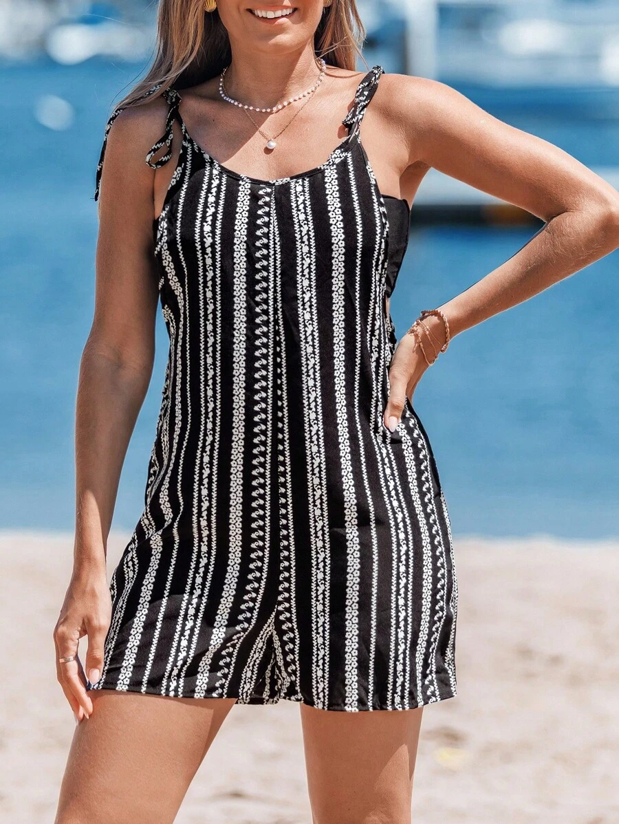 SHEIN LUNE Women's Casual Geometric Print Jumpsuit - Black and White - View 1