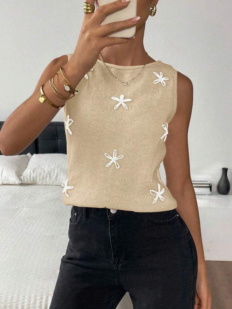 SHEIN Frenchy 秋冬女士休闲碎花圆领针织背心 - 杏色 - 查看 2