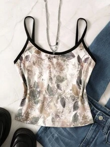 Tween Girl Leaf Print Trim Casual Camisole - Army Green - View 1