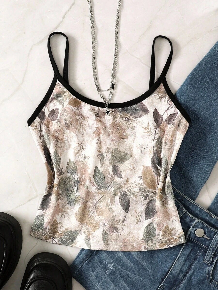 Tween Girl Leaf Print Trim Casual Camisole - Army Green - View 1