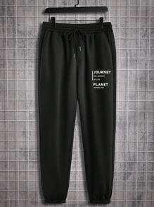 Manfinity Homme Simple English Letter Print Casual Sweatpants For Men, Standard Size, Black - Black - View 1
