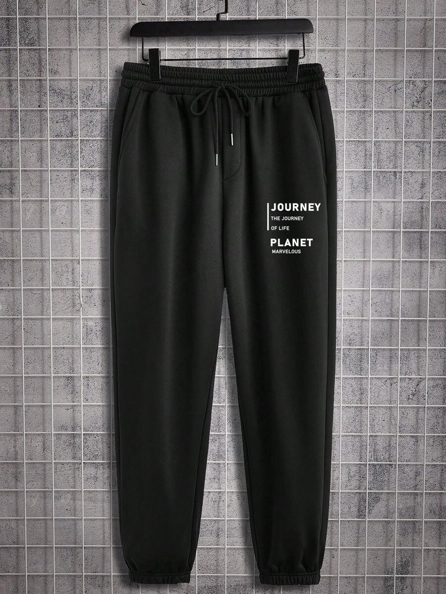 Manfinity Homme Simple English Letter Print Casual Sweatpants For Men, Standard Size, Black - Black - View 1