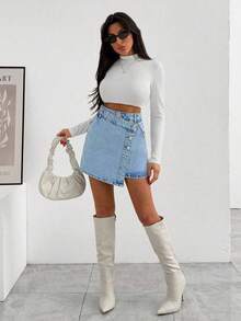 EURMUSE WOMEN MINI SKIRT SNOW WASH BUTTON DETAIL PETITE - Light Wash - View 5