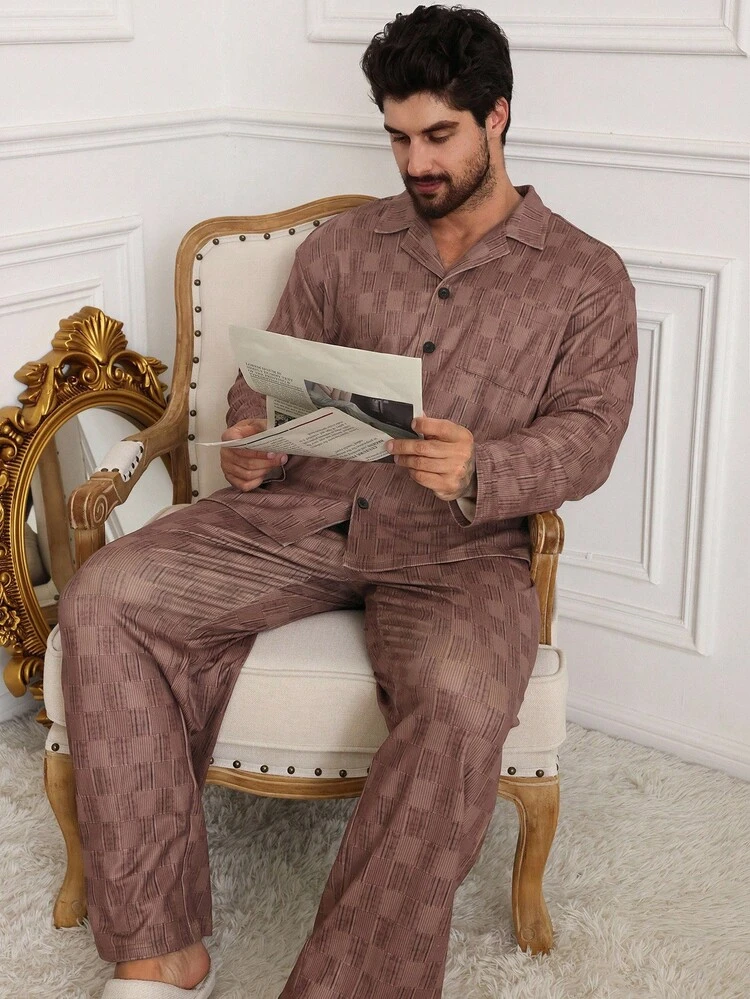 Plaid Brown Shirt Paired With Men's Casual Loungewear Set, Autumn Pajama