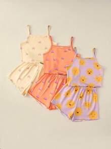 6pcs/Set Girls' Cute Casual Comfortable Multi-Color Ice Cream & Sun Print Camisole Underwear Set