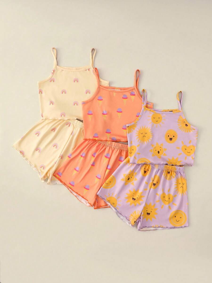 6pcs/Set Girls' Cute Casual Comfortable Multi-Color Ice Cream & Sun Print Camisole Underwear Set