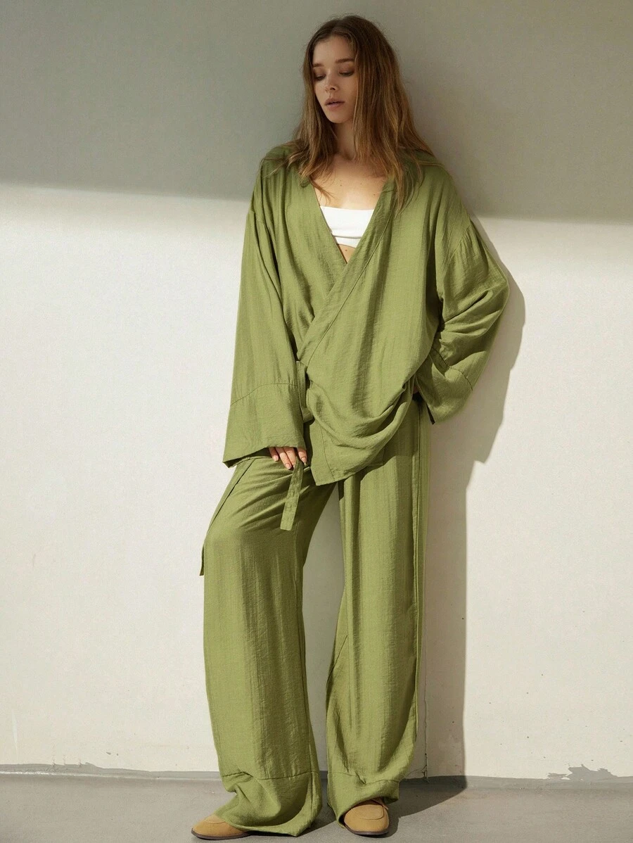 Aveloria Modichic 2pcs Women's Casual Loose Linen Feel Wrap V-Neck Long Sleeve Top And Pants Set