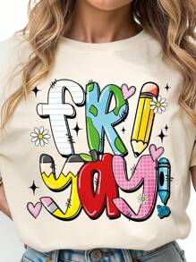 EMERY ROSE Plus Size T-Shirt, School Uniform Back To School, Plus Size T-Shirt Streetwear Top, Streetwear Style, All White, Graphic Short Sleeve T-Shirt, Cute Summer Top - Apricot - View 4