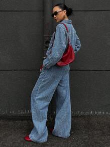 DAZY Women's Casual Textured Denim Jacket And Wide Leg Jeans Set, Autumn,Fall Women Clothes - Blue - View 5