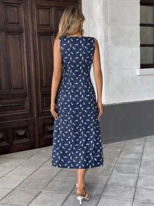 Pariaura 法式碎花前纽扣无袖女式连衣裙 - 藏蓝色 - 查看 3