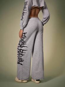 Shutterstock Women's Loose Gothic Letter Print Frayed Hem Drawstring Sweatpants, Casual Street Style For Halloween, Back To School, Autumn Graphic Sweatpants Wide Leg Sweatpants Grey Sweatpants Women Matching Idea Party Pant