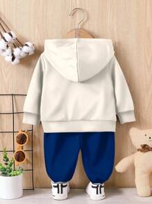 SHEIN 男婴休闲宽松针织柔软连帽衫和配套运动裤套装，可爱迷你熊印花，舒适温馨，适合秋冬季 - 彩色 - 查看 6