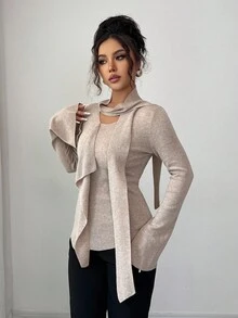 Elenzga Camiseta de manga larga con volantes asimétricos, jersey ajustado y ceñido de punto calado, top casual versátil de unicolor minimalista para el otoño - Camel - Ver 5