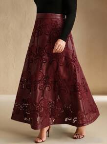Anewsta 女士新款酒红色刺绣喇叭形优雅度假A字裙 - 酒紅色 - 查看 5