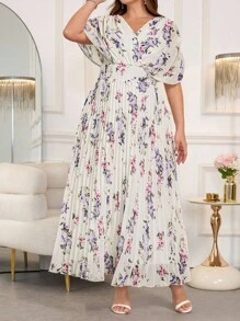 SHEIN Clasi 大码女式连衣裙，夏季优雅花卉印花褶皱长裙，浪漫飘逸连衣裙派对装大码女装外出装秋季服装女式长裙女式连衣裙女式连衣裙优雅优雅女式连衣裙大码女式秋季连衣裙女式派对连衣裙 - 彩色 - 查看 7