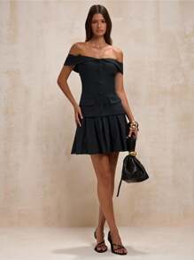 SHEIN BAE 女士优雅纯色露肩西装外套和褶皱 A 字裙套装